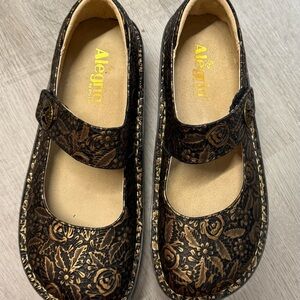 Alegria Black and Gold Floral Mary Janes